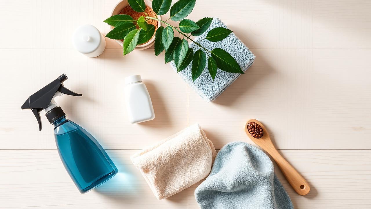 Schoonmaakartikelen op een tafel, illustratie bij Kantoor laten schoonmaken: hoe werkt het?